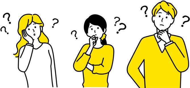 22601888 | M Virtual(エムバーチャル) - Vライバーマネジメント事務所 Three puzzled people standing with question marks around them, signaling confusion or uncertainty.