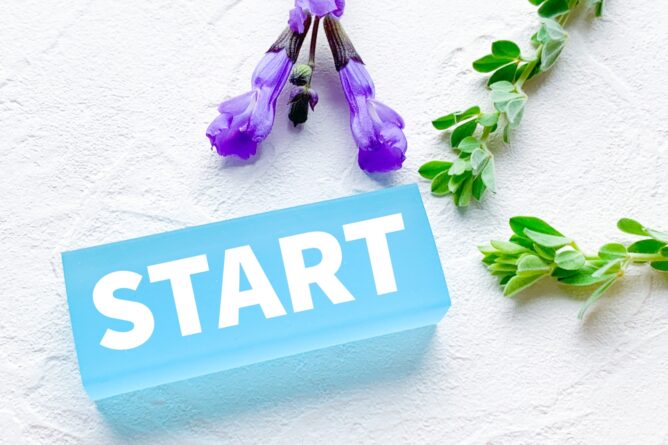 25167383_m | M Virtual(エムバーチャル) - Vライバーマネジメント事務所 Blue START sign on a white textured surface with purple flowers nearby.