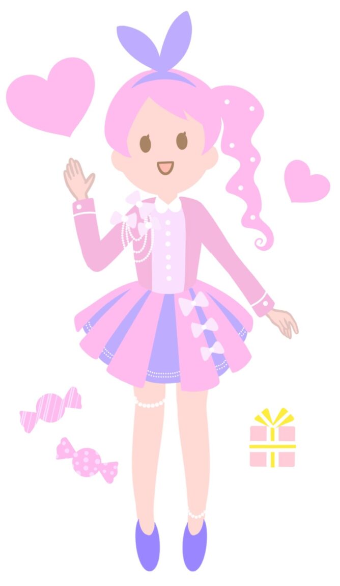 2629498 | M Virtual(エムバーチャル) - Vライバーマネジメント事務所 Cute cartoon girl with pink hair in a pink and purple dress waving, surrounded by hearts and candy with a small gift box nearby.