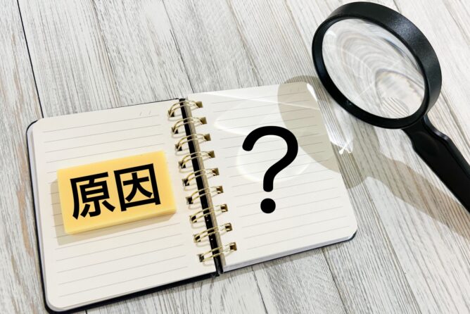 Notebook open to a page with the Chinese word 原因 ('cause') and a large question mark, beside a magnifying glass.