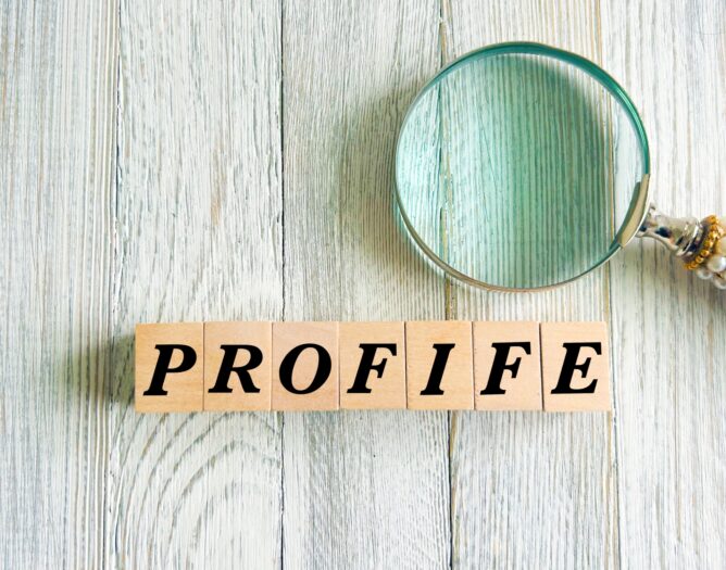 Wooden blocks spell 'PROFIFE' on a pale wood surface with a magnifying glass nearby.