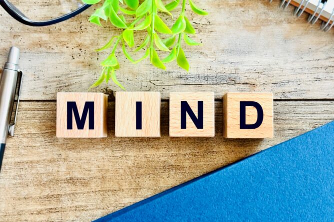 Wooden blocks spell 'MIND' on a rustic desk with a green plant and a notebook in the background, conveying mindfulness or mental focus.