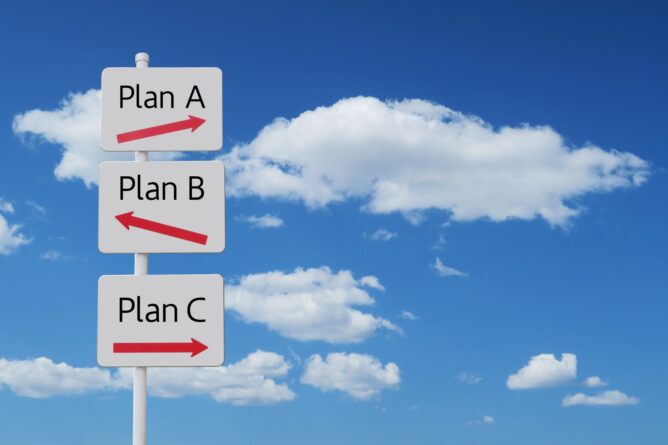 Pole with three signs reading Plan A (arrow right), Plan B (arrow left), Plan C (arrow right) against a blue sky with clouds, illustrating different options/paths.