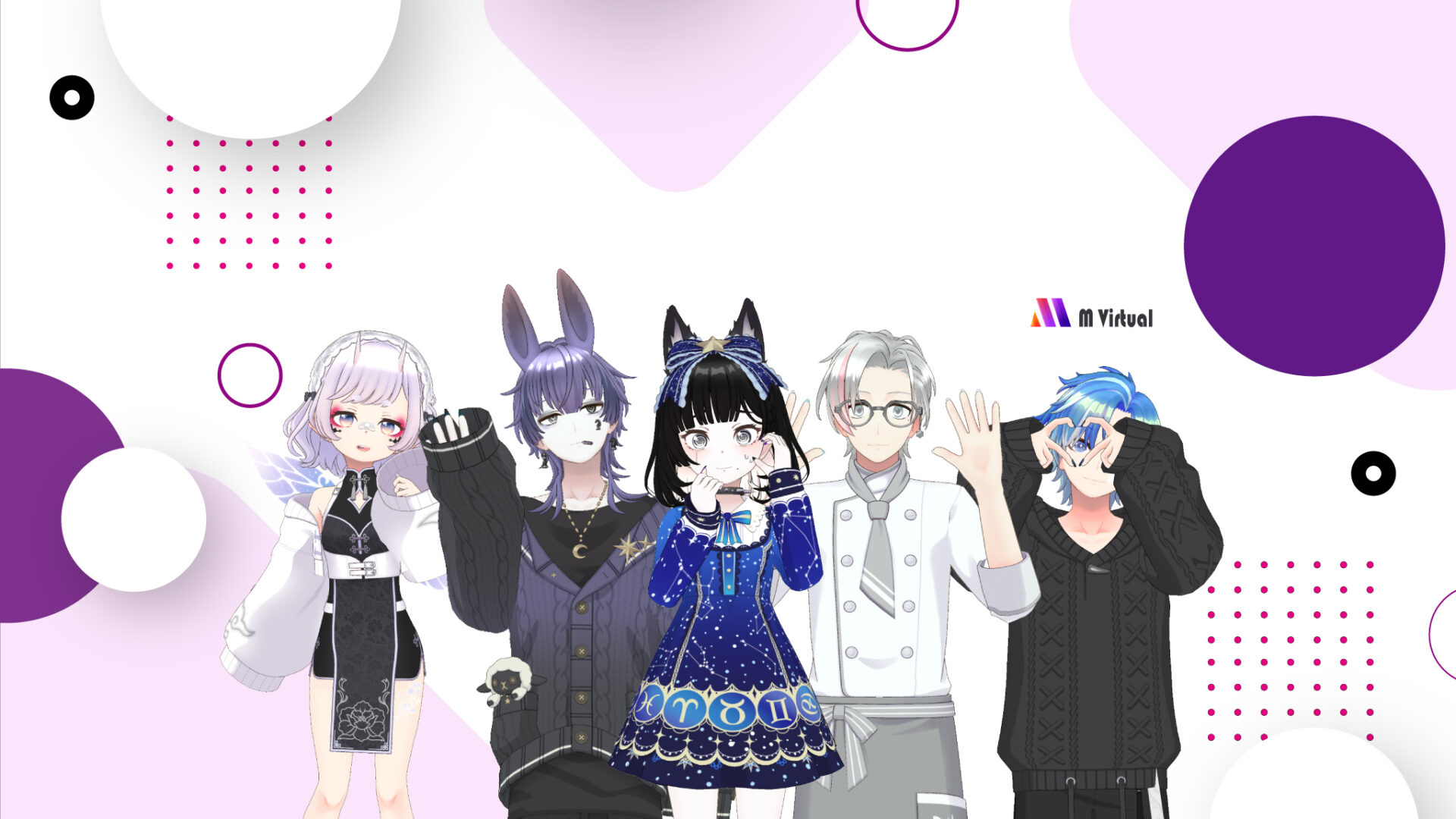 ch_art_templete | M Virtual(エムバーチャル) - Vライバーマネジメント事務所 Five anime-style characters pose together along the bottom against a white background with purple-pink geometric shapes.