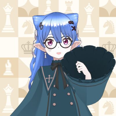 Blue-haired elf girl with glasses holding a black fan, wearing a teal cloak against a chessboard-patterned background.