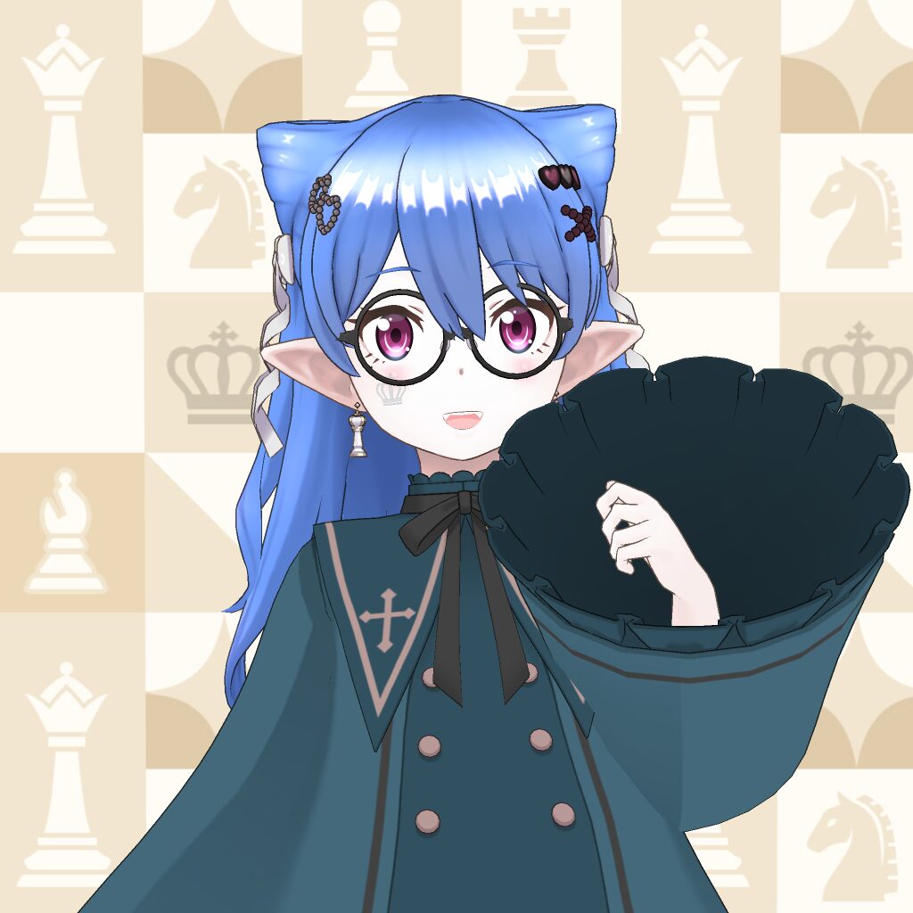 Blue-haired elf girl with glasses holding a black fan, wearing a teal cloak against a chessboard-patterned background.