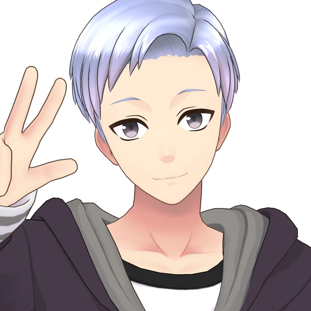 Anime-style young person with lavender hair giving a peace sign with two fingers up.