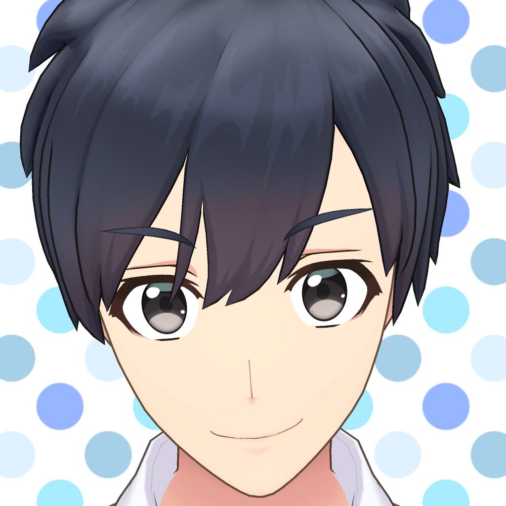 Close-up illustration of an anime-style boy with dark hair and grey eyes, smiling softly, against a blue polka-dot background.
