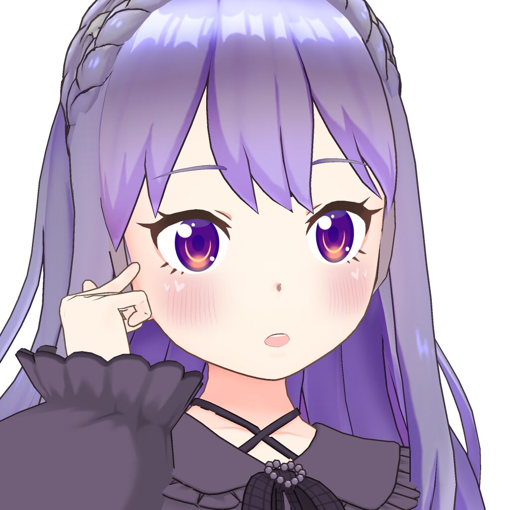 Anime-style girl with long purple hair and braid, touching her cheek with a surprised, blushing expression.