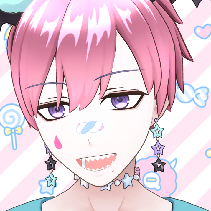 Anime-style character portrait with pink hair, purple eyes, and a mischievous smile; star-shaped earrings and a pastel star necklace; pastel striped background with candy shapes.