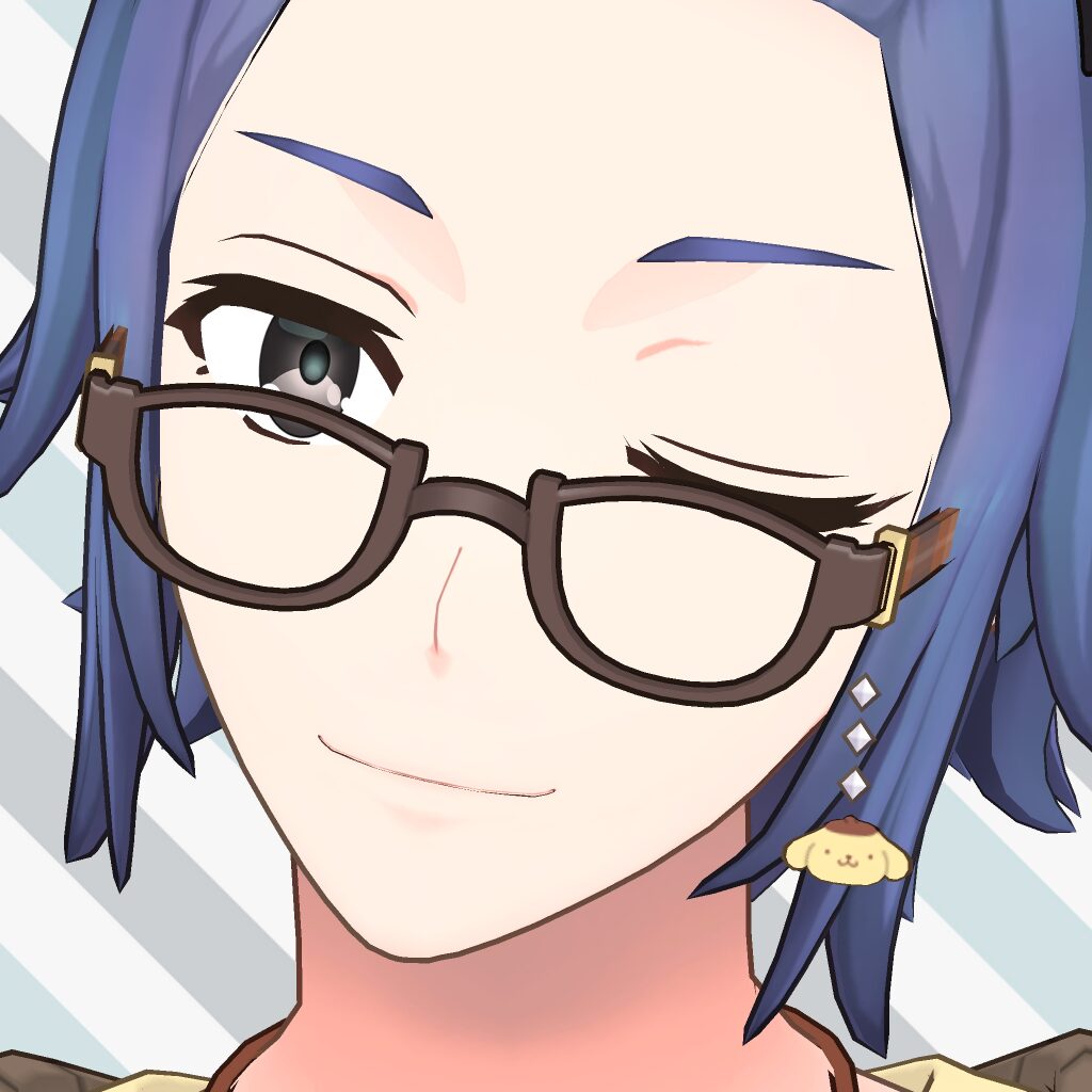 Close-up of an anime girl with blue hair, brown glasses, winking and smiling; hair accessories and a small yellow duck charm visible in the hair.