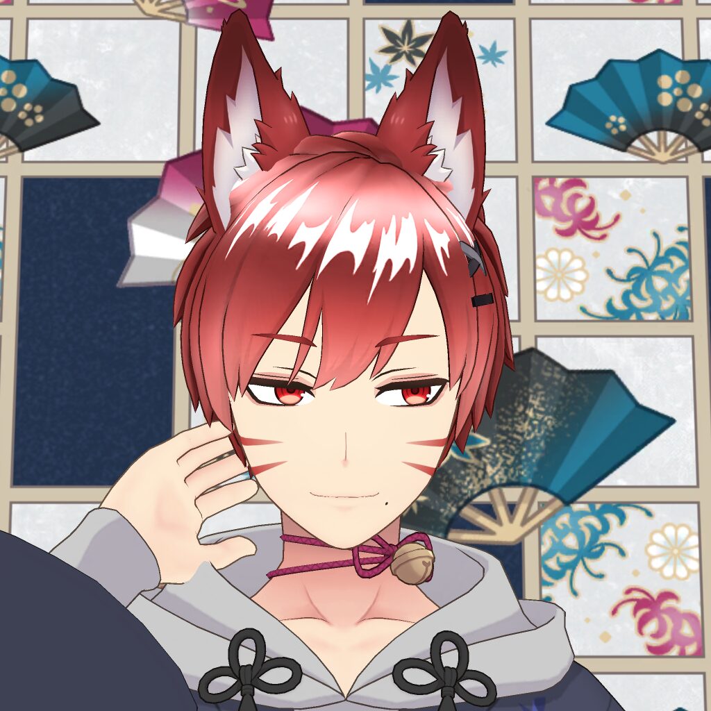 Anime character with red fox ears, pink hair, and whisker marks, touching their face in front of a patterned background.
