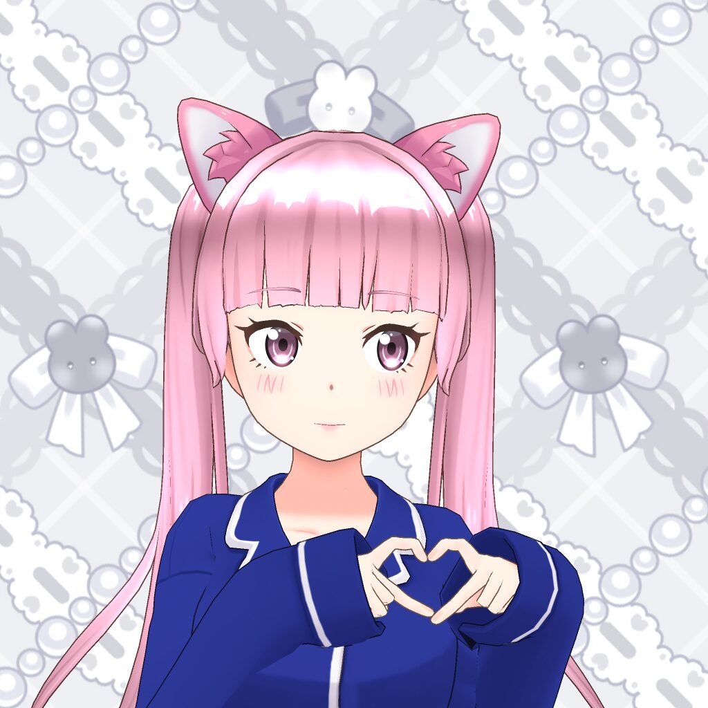 Anime girl with pink hair and cat ears making a heart shape with her hands, wearing a blue jacket against a patterned background.