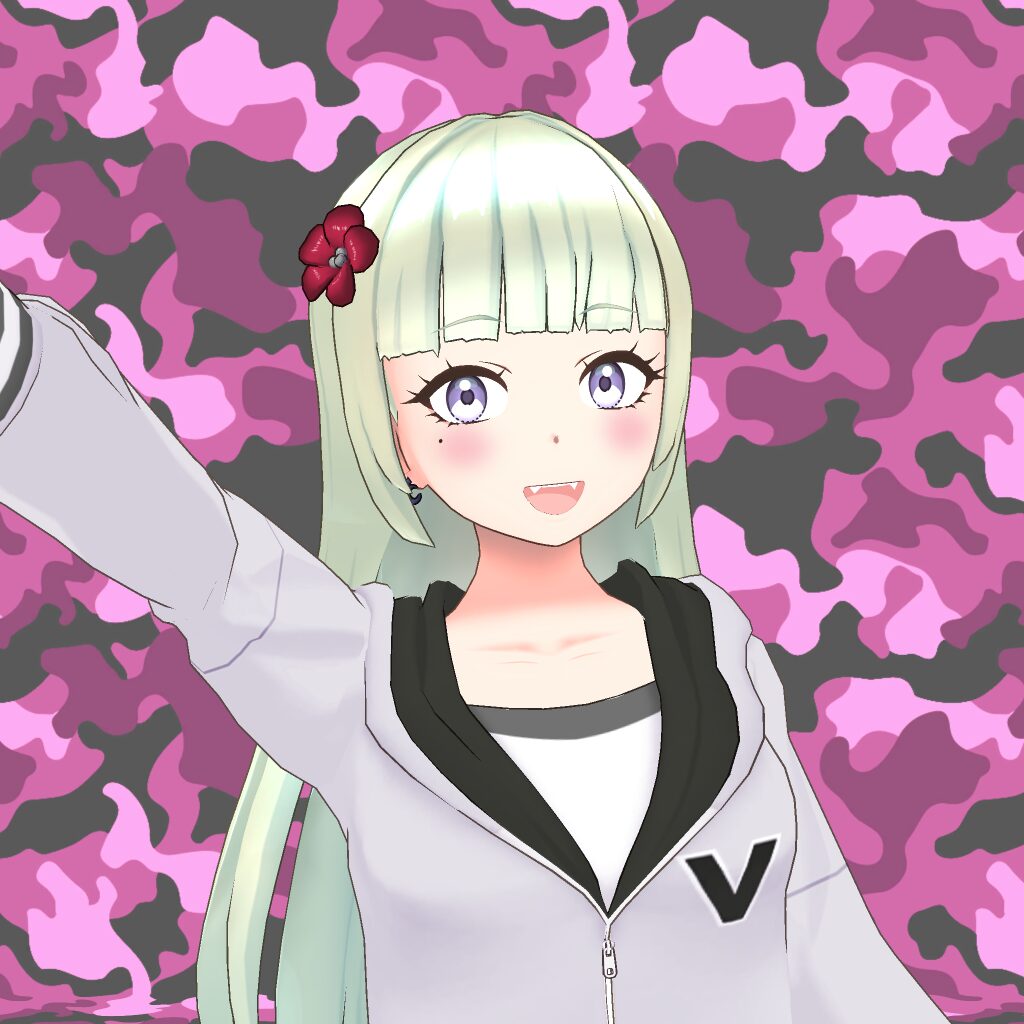Anime girl with mint hair and purple eyes, red flower clip, wearing a white zip-front jacket with a black V, raising her arm against a pink camo backdrop.