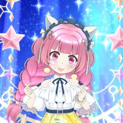 Cute pink-haired anime girl in a frilly white blouse and yellow skirt, posing against a blue, starry magical background with sparkles and star motifs.