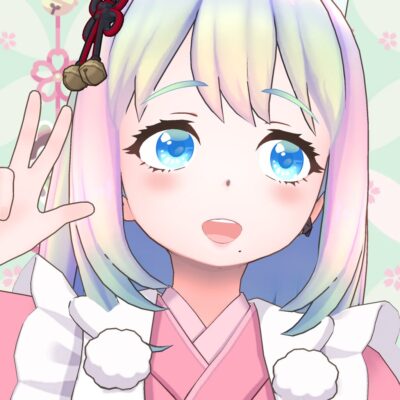 Anime-style girl with pastel rainbow hair, blue eyes, and pink kimono waving with a peace sign against a floral pastel background