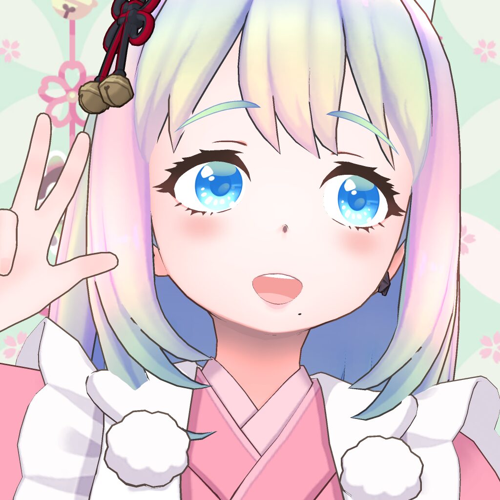 Anime-style girl with pastel rainbow hair, blue eyes, and pink kimono waving with a peace sign against a floral pastel background