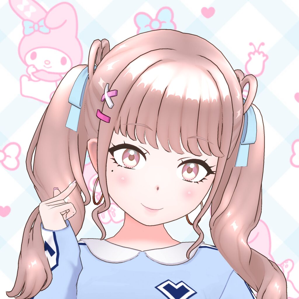 Anime-style girl with pink twin tails, ribbons, and a light blue outfit against a pastel patterned backdrop.