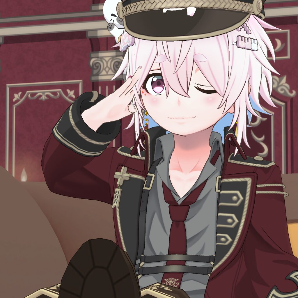 Anime-style character saluting with a wink, wearing a maroon jacket, gray shirt, and red tie, indoors with ornate decor behind him.