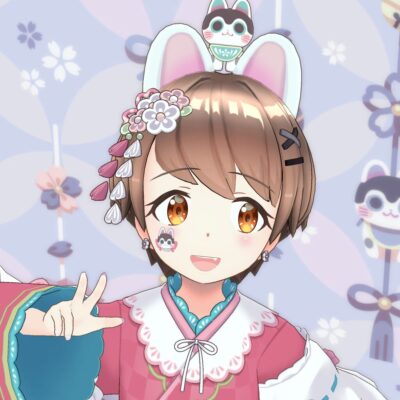 Close-up of a kawaii anime girl with brown hair, orange eyes, pink clothing, and bunny ears, making a peace sign.