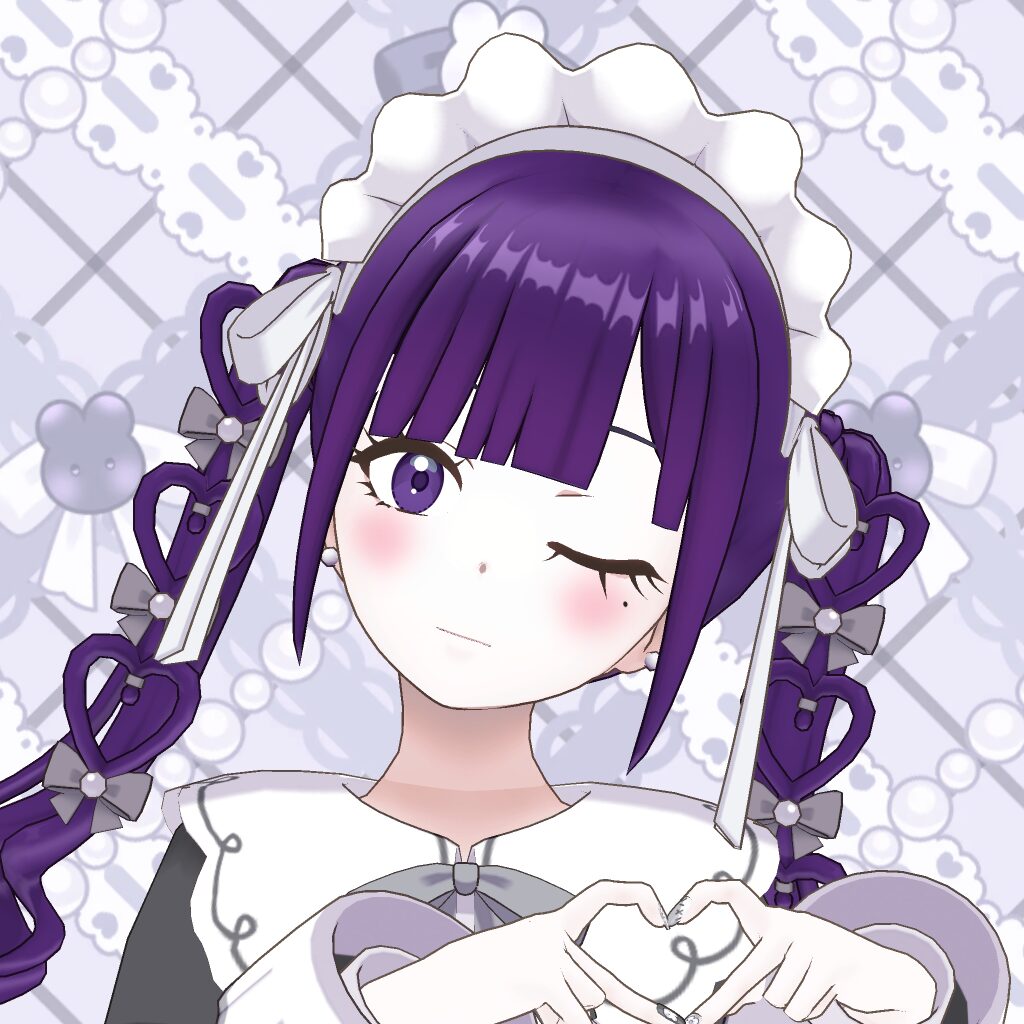 Anime-style girl with purple hair in a maid outfit winking and forming a heart with her hands.