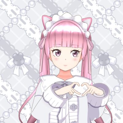 Anime girl with pink hair and cat-ear headband forms a heart with her hands, wearing a white and lavender frilly outfit against a lace backdrop.