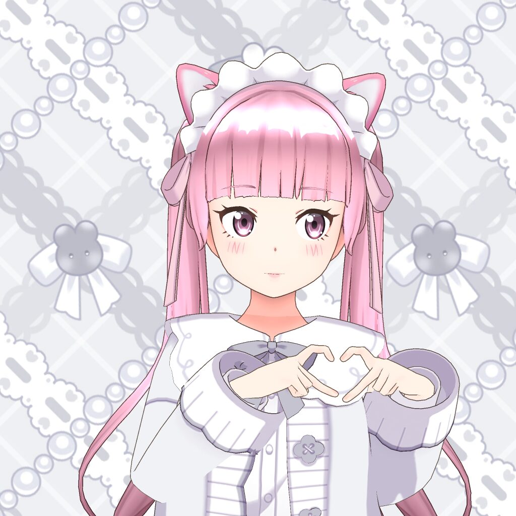 Anime girl with pink hair and cat-ear headband forms a heart with her hands, wearing a white and lavender frilly outfit against a lace backdrop.