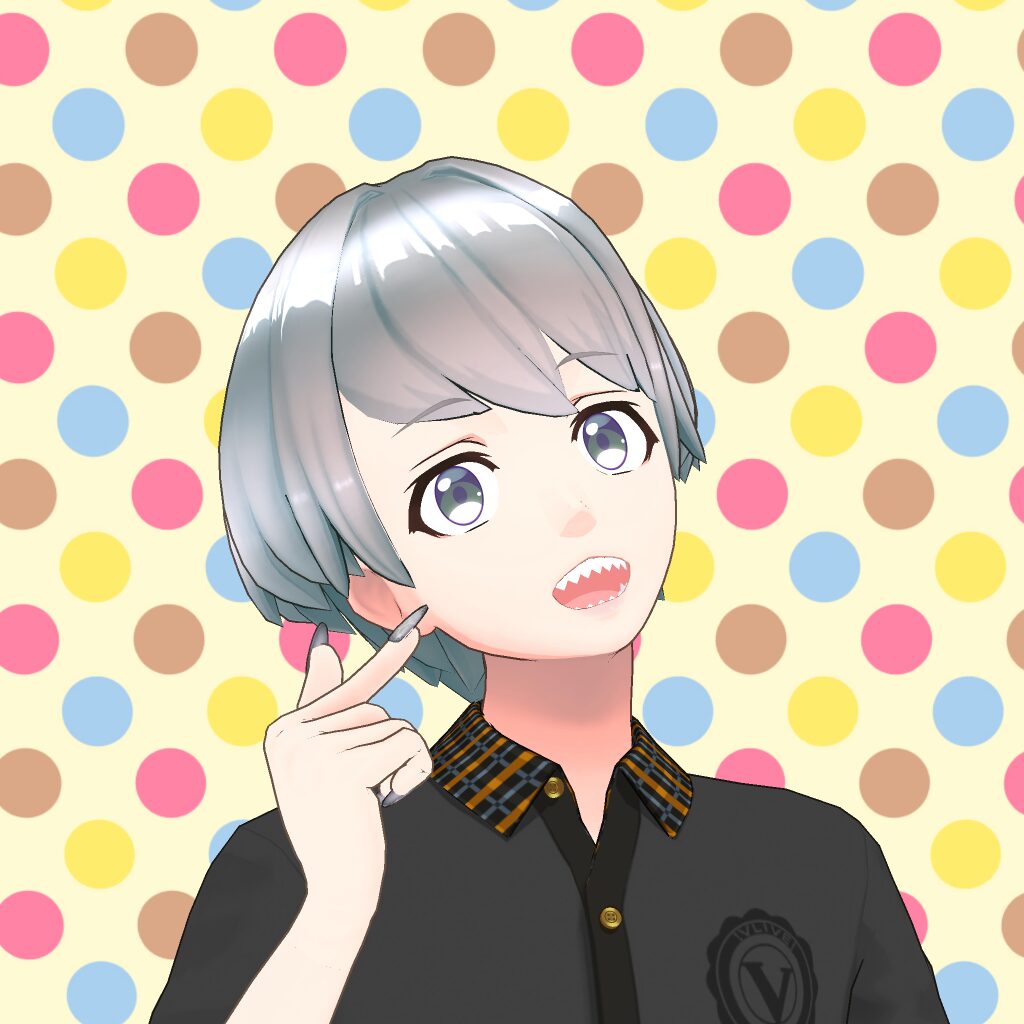 Anime-style portrait of a person with silver hair, biting their lip and touching their cheek, against a pastel polka-dot backdrop.