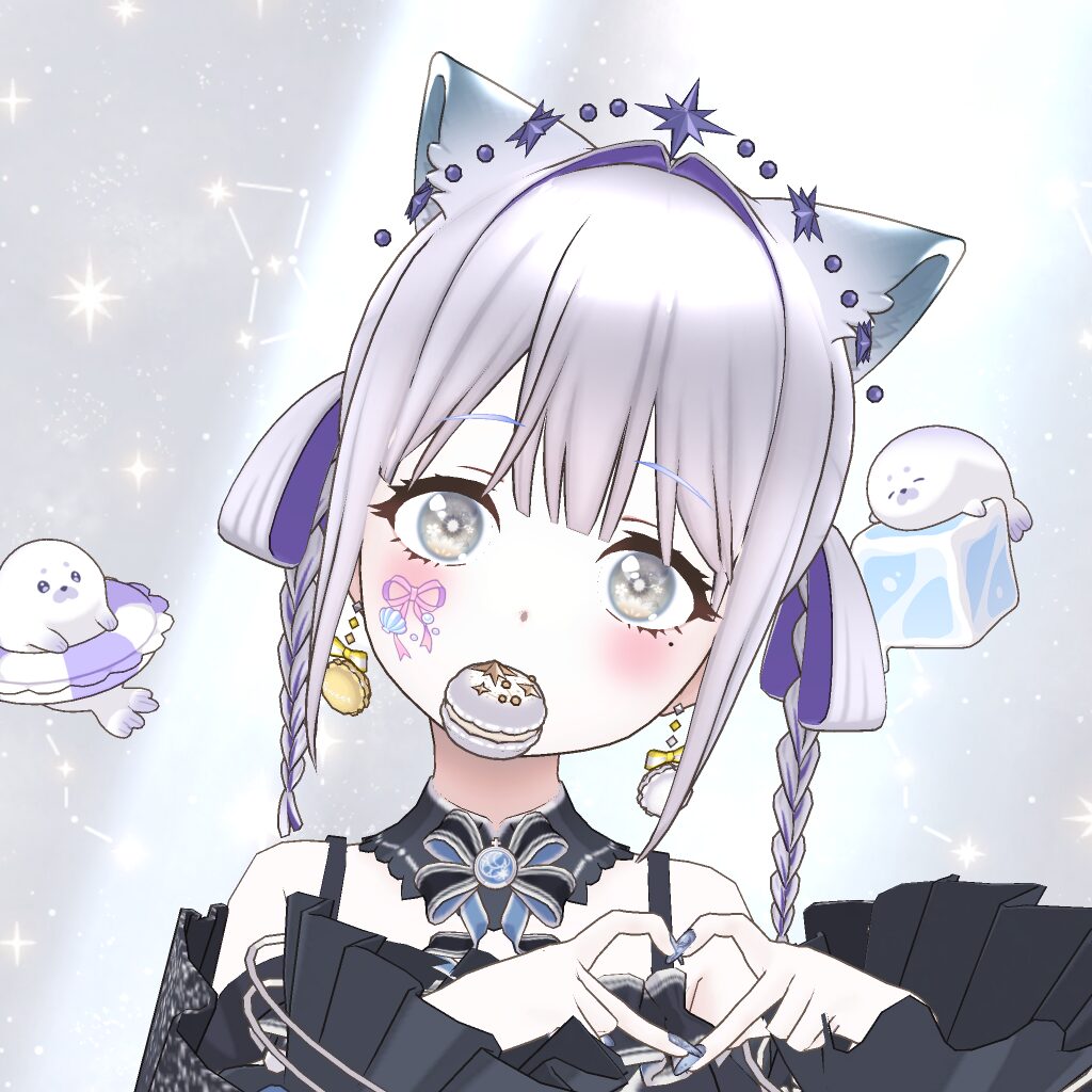 Anime-style girl with silver hair and cat ears in a black lace outfit, biting a macaroon against a sparkly pastel background.