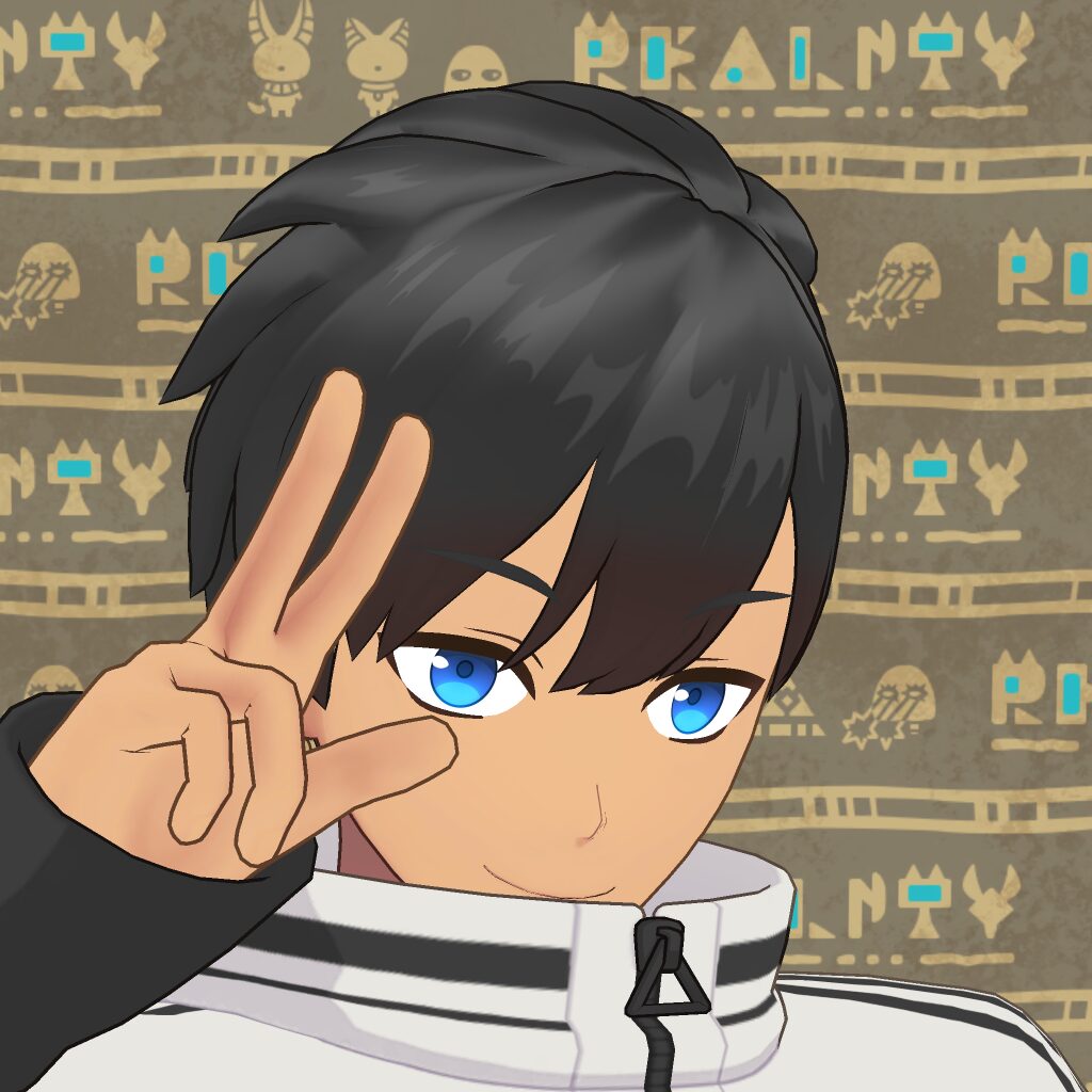 Anime-style boy with blue eyes and dark hair flashing a peace sign in front of a patterned background.