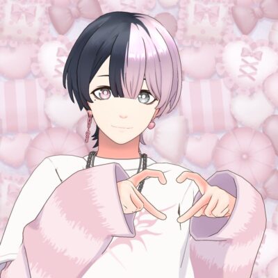 Anime-style character with black and pink hair forming a heart with their hands against a pastel pink, bow-themed background.