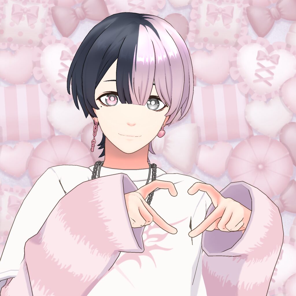 Anime-style character with black and pink hair forming a heart with their hands against a pastel pink, bow-themed background.