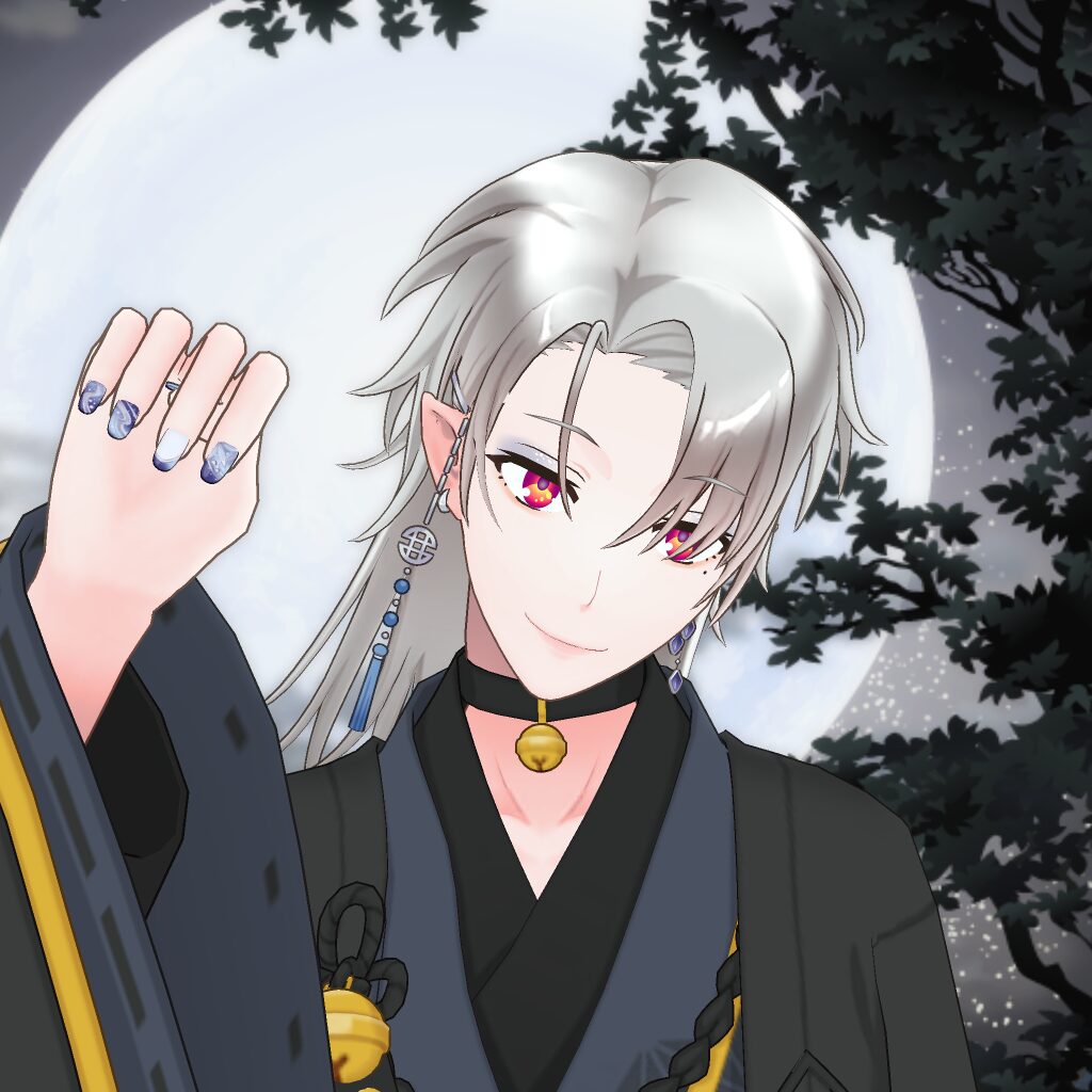 Anime-style character with silver hair and red eyes, wearing dark robes, choker with bell, and long earrings, hand raised under a full moon.