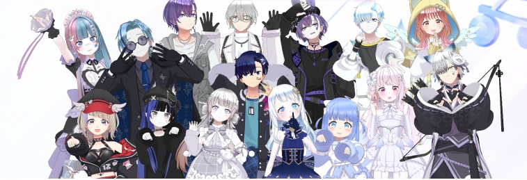 2026-10-11 05 31 49 | M Virtual(エムバーチャル) - Vライバーマネジメント事務所 Group of diverse anime characters posing together in colorful outfits, with varied hair colors and accessories, forming a cheerful cast photo.
