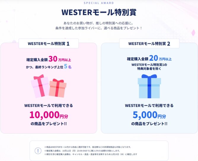2026-10-11 05 41 26 | M Virtual(エムバーチャル) - Vライバーマネジメント事務所 Promotion page for WESTERモール特別賞 featuring two prize panels: pink panel offers 30万円以上 and 10,000円 gift value; blue panel offers 20万円以上 and 5,000円.