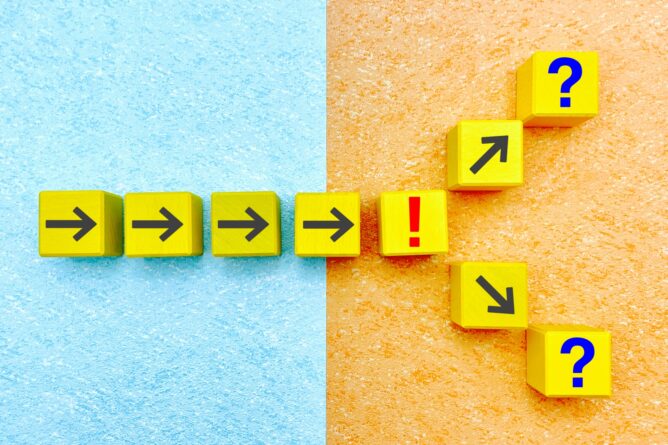 Yellow blocks with right arrows form a left-to-right path across blue and orange backgrounds, ending with an exclamation mark and blue question marks nearby.