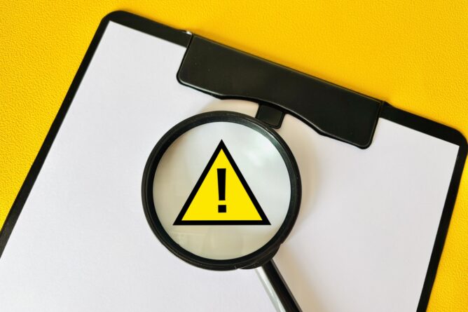 32899113_m | M Virtual(エムバーチャル) - Vライバーマネジメント事務所 Clipboard with a magnifying glass highlighting a yellow warning triangle with an exclamation mark.