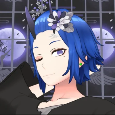 Anime-style character with blue hair, black horns, and a flower crown, winking against a moonlit night backdrop.