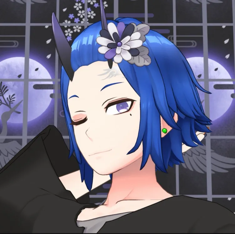 Anime-style character with blue hair, black horns, and a flower crown, winking against a moonlit night backdrop.