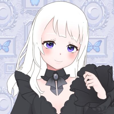 Anime-style girl with white hair and purple eyes, wearing a black frilled dress and bow choker, smiling softly.