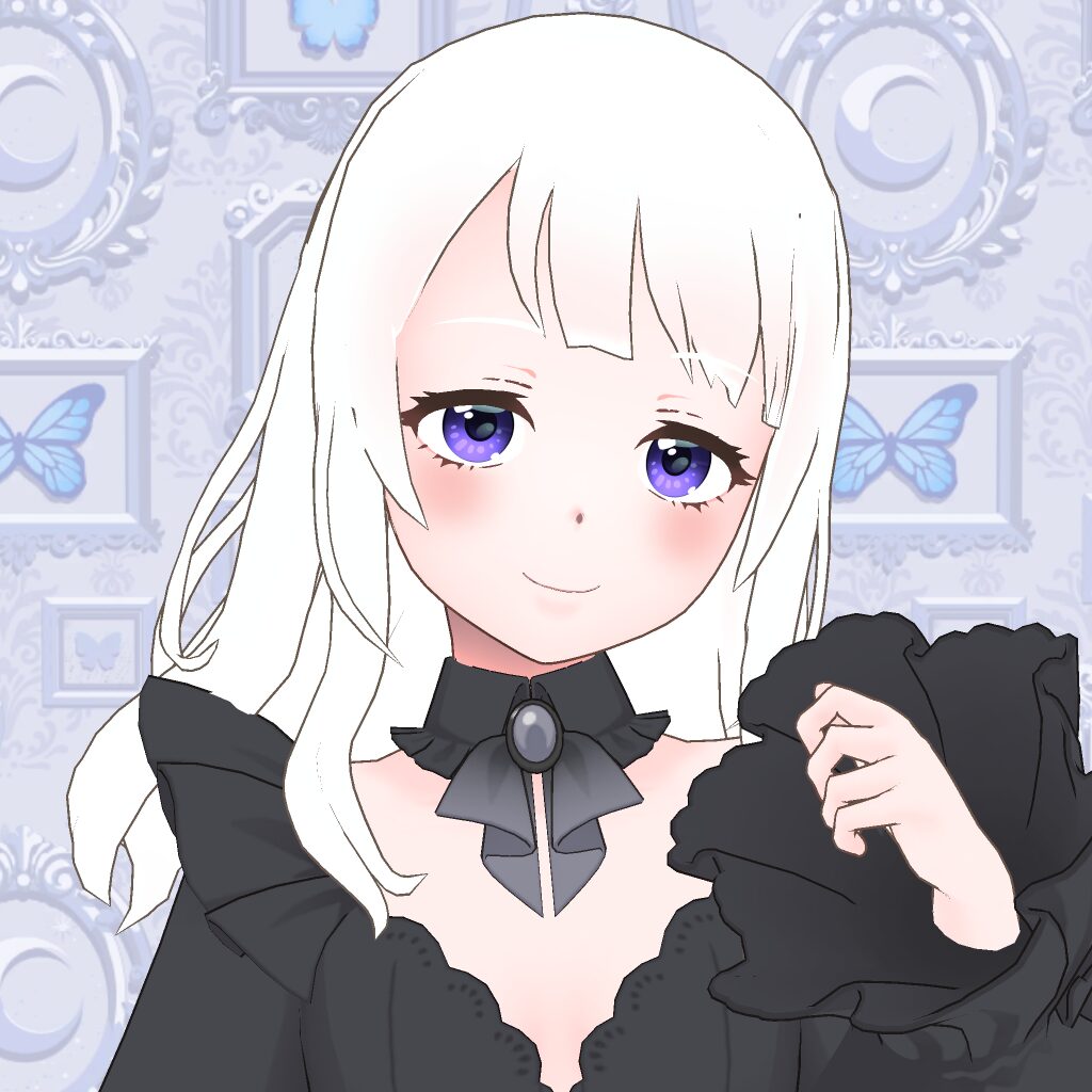 Anime-style girl with white hair and purple eyes, wearing a black frilled dress and bow choker, smiling softly.