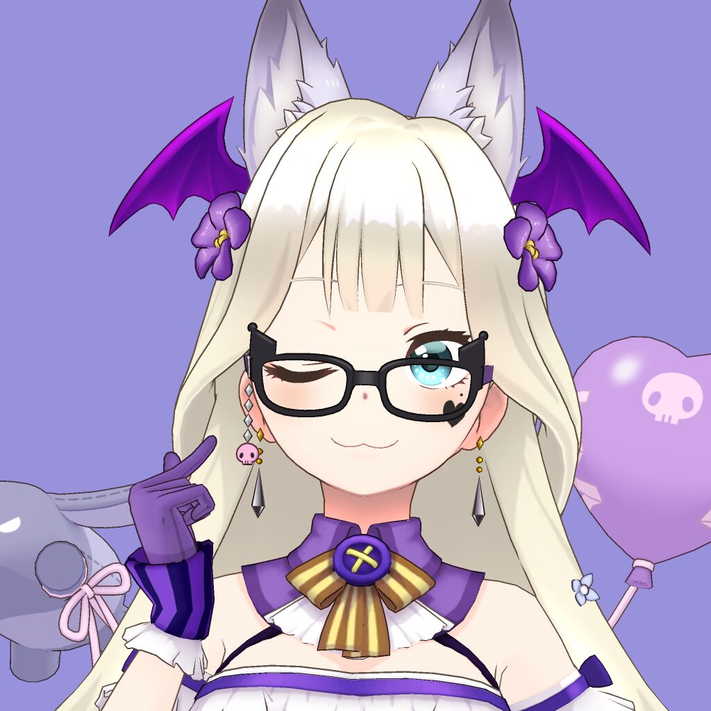 Anime-style girl with long blond hair, glasses, purple bat wings, and a yellow bow, winking against a purple background