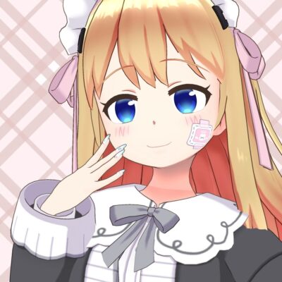 Anime-style girl with long blonde hair and blue eyes, wearing a maid outfit, touching her cheek with blue nails; pink bandage sticker on her face.