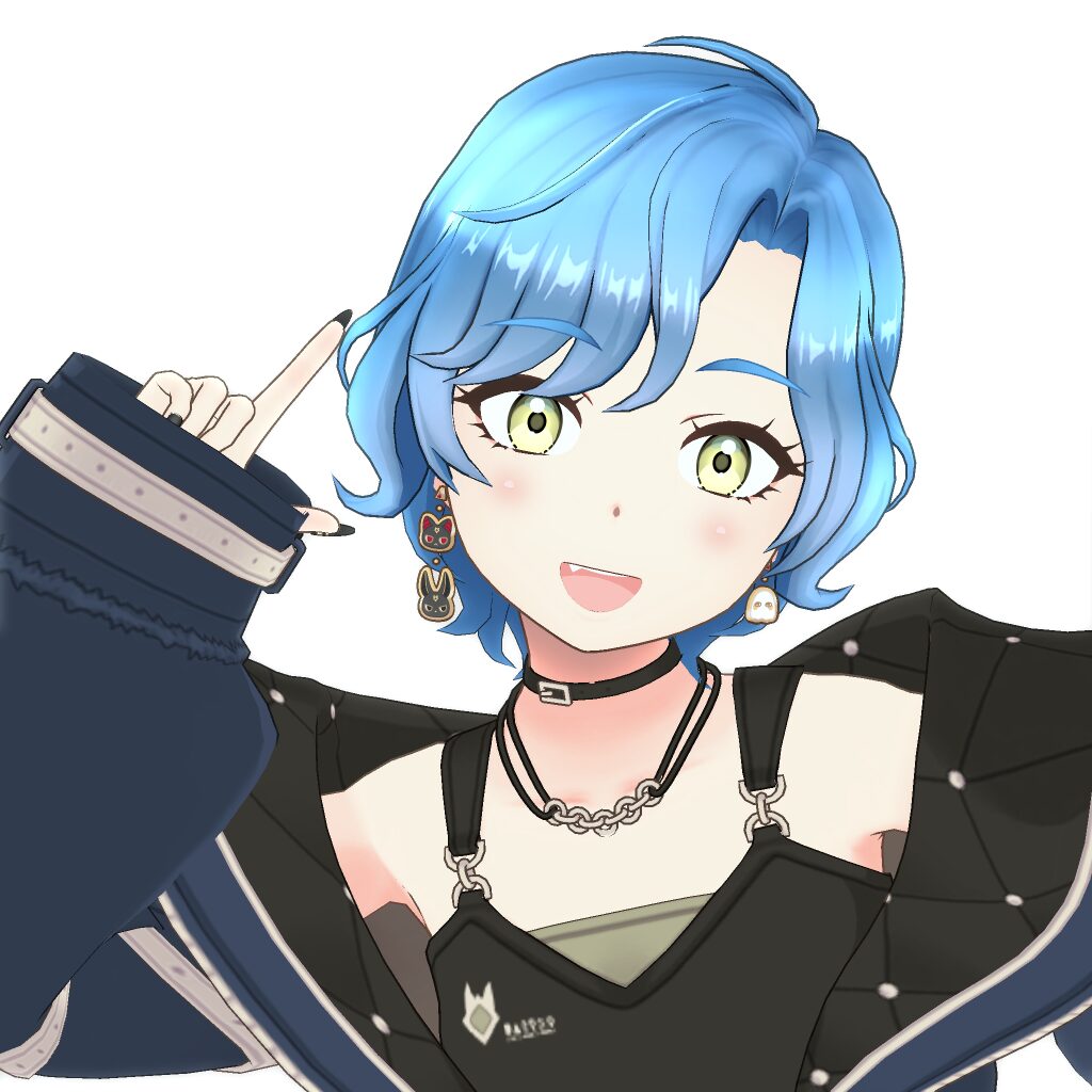 Anime-style girl with short blue hair, yellow-green eyes, wearing a black harness top and choker, smiling as she points upward with her index finger near her head. Accessories include heart and bunny earrings.