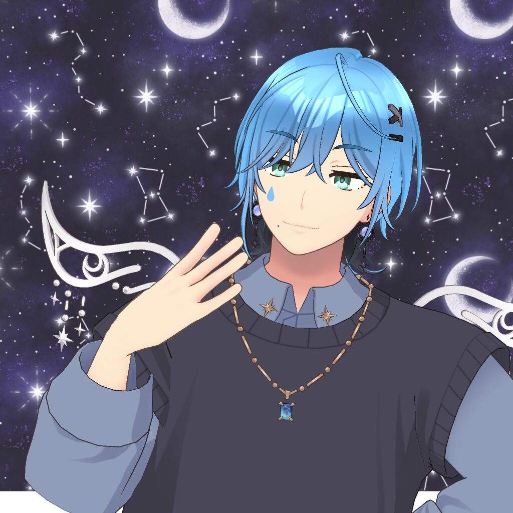 Anime-style portrait of a blue-haired person wearing layered necklaces and a dark sweater, with a starry cosmos and crescent moons in the background.