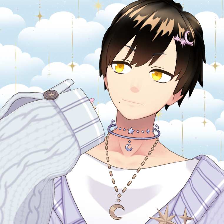 Anime-style character with short dark hair and amber eyes, wearing moon and star jewelry against a pastel cloudy sky background.