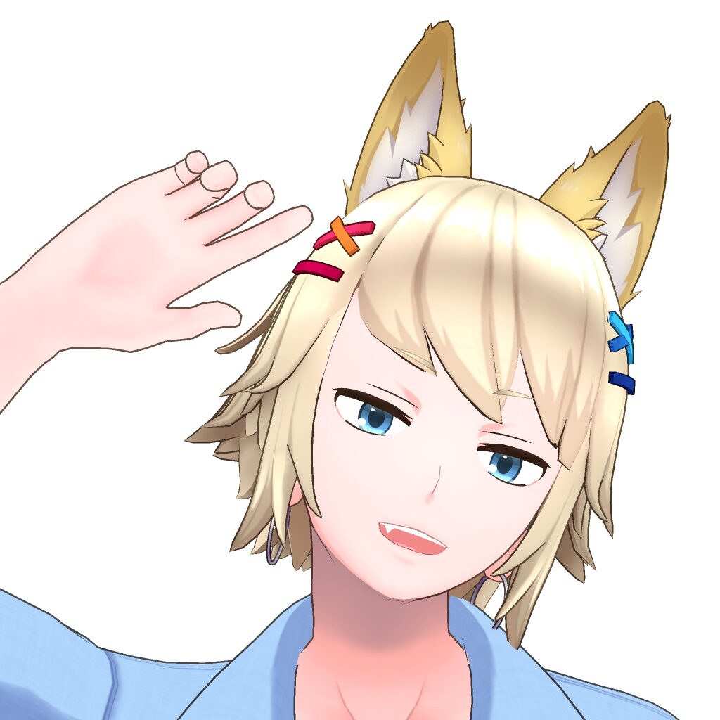Anime-style blonde character with fox ears, blue eyes, waving hello.