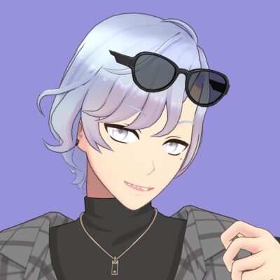 Anime-style portrait of a person with light lavender hair and sunglasses on their head, wearing a black turtleneck and gray plaid jacket against a purple background.