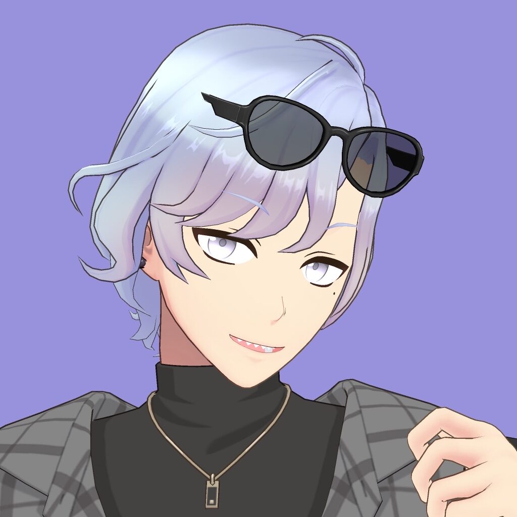 Anime-style portrait of a person with light lavender hair and sunglasses on their head, wearing a black turtleneck and gray plaid jacket against a purple background.