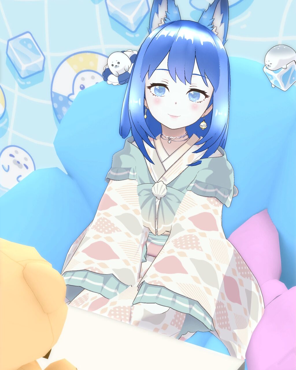 Anime-style girl with blue hair and fox-like ears sits on a blue bean bag, wearing a pastel kimono and a choker, in a bright, cute setting.